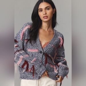 New Joie Aksana Sweater Cardigan Blue Pink Fringe Striped Boho Oversized sz XL